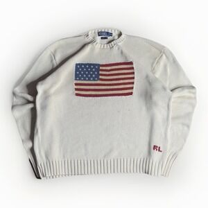 Vintage Polo Ralph Lauren Sweater Mens 2XL Cream American Flag USA Knit Pullover